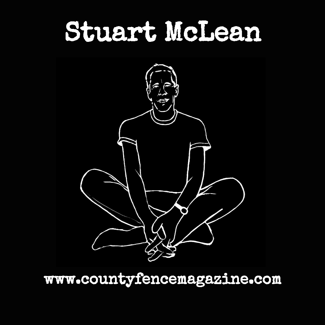 Title card with white on black line drawing of Stuart McLean sitting cross-legged.