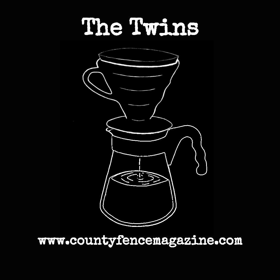 White on black line drawing of a pour-over coffee rig title "The Twins."
