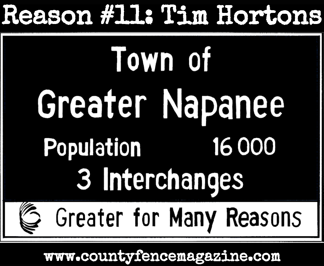 Highway sign for Napanee reading "Greater Napanee: Greater for Many Reasons."