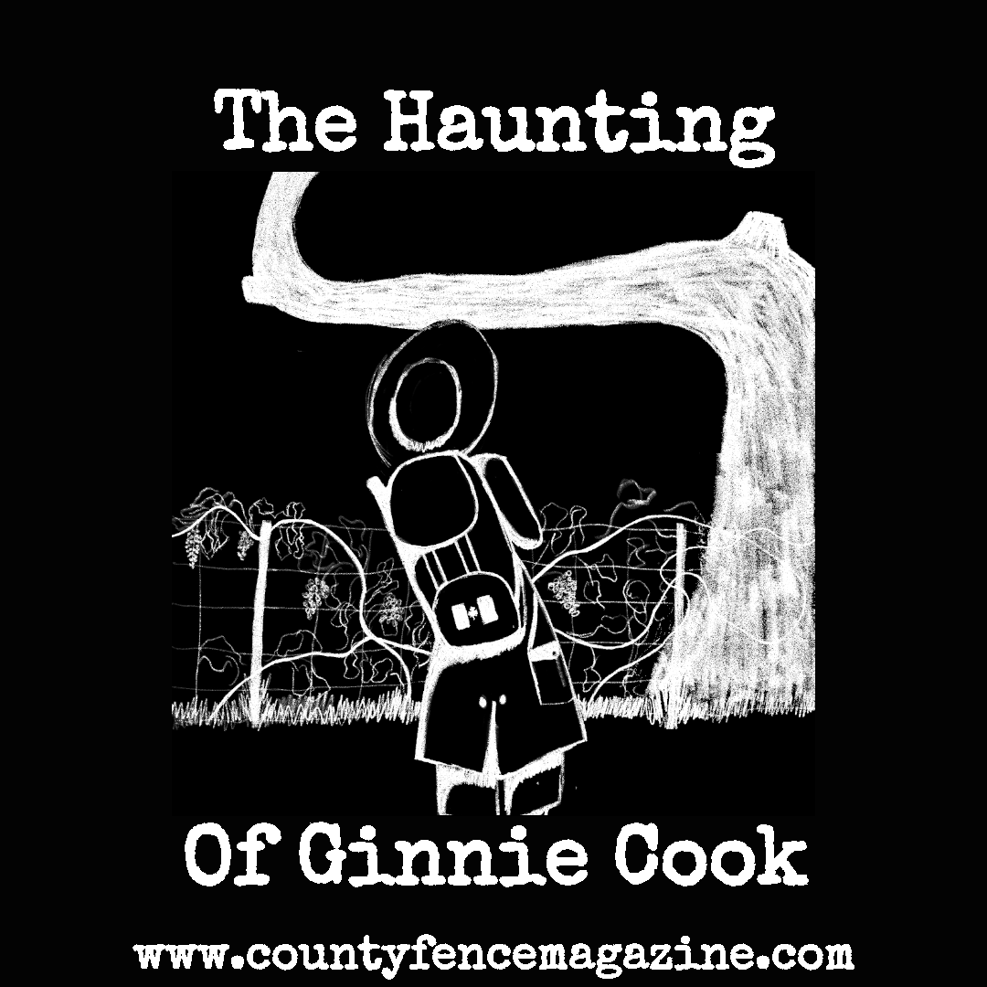 Black and white drawing of an anachronistic traveller standing in front of a page-wire fence and a marker tree.