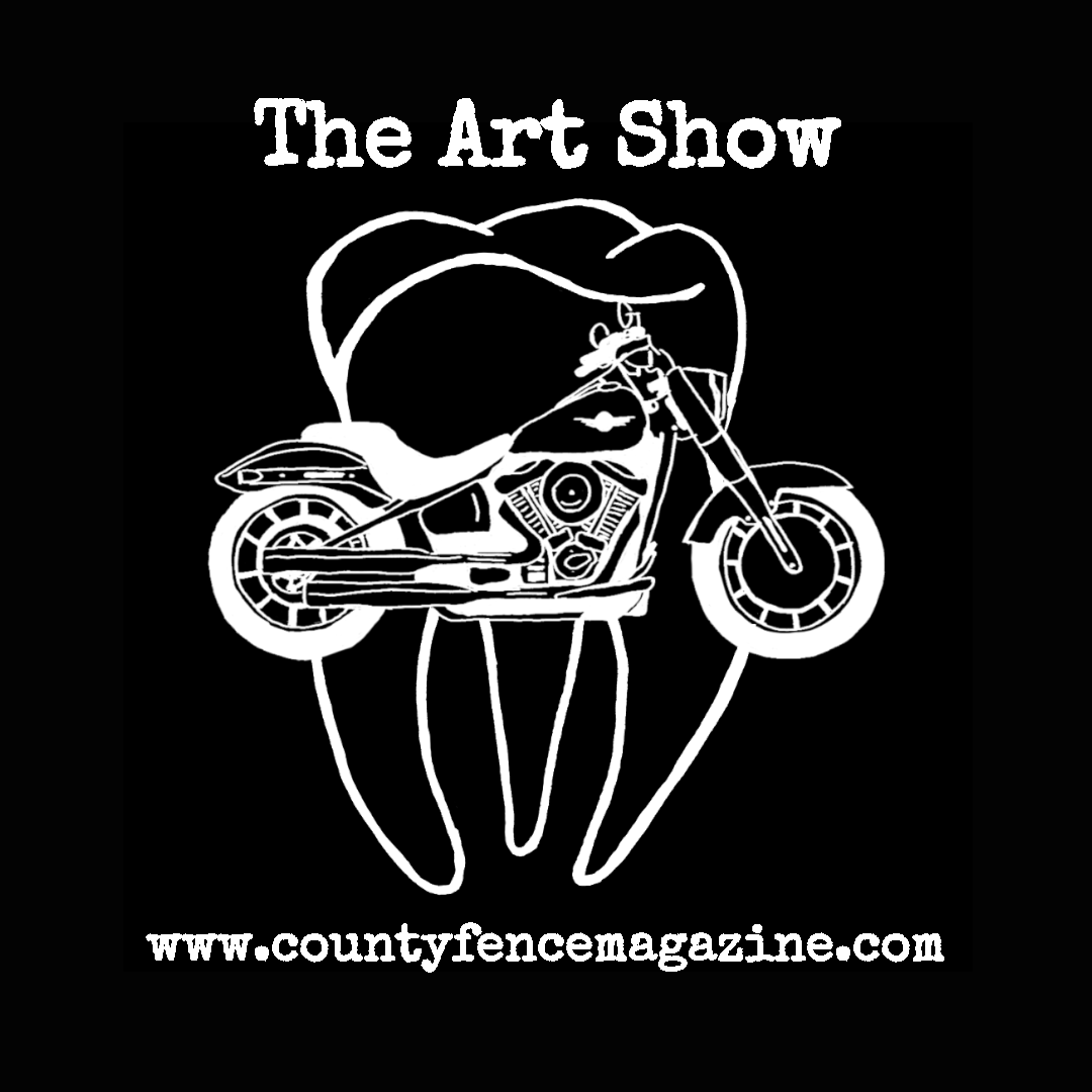 Title card for 'The Art Show.,' with white on black line drawing of a Harley Davidson motorcycle over top of a giant molar.