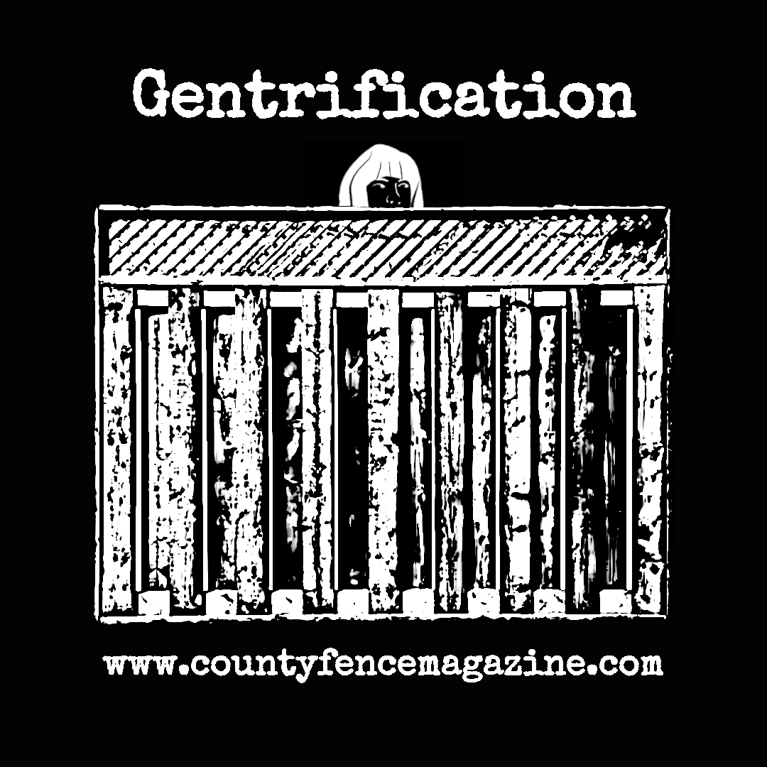 White on black picture of Brenda Hogg peering over a generic privacy fence.