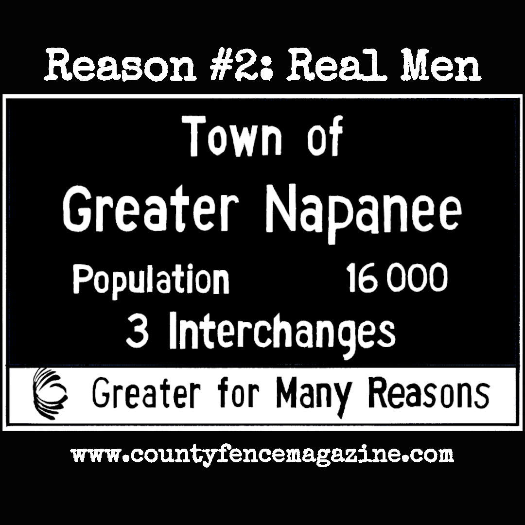 Title card for 'Real Men' by Brenda Hogg featuring the Greater Napanee highway sign. Slogan: Greater for many reasons.