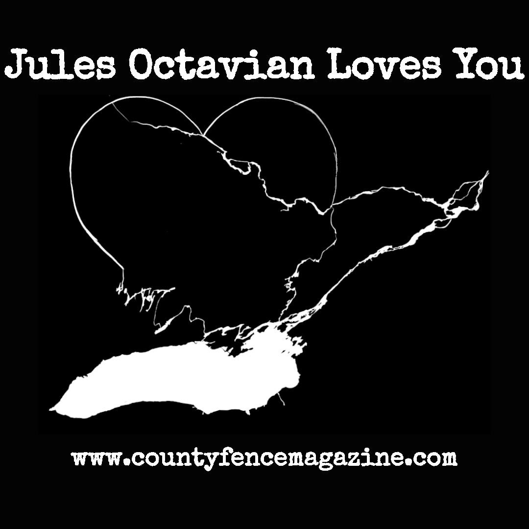White on black title card for Rachael Boardman's "Jules Octavian Loves You" with Ontario waterways forming a heart.