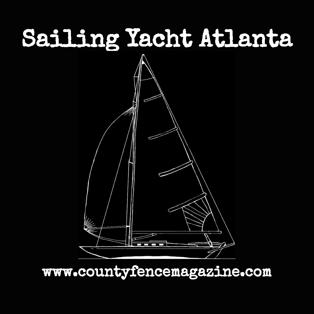 Title card for "Sailing Yacht Atlanta" featuring a white on black line drawing of a classic sailing yacht.
