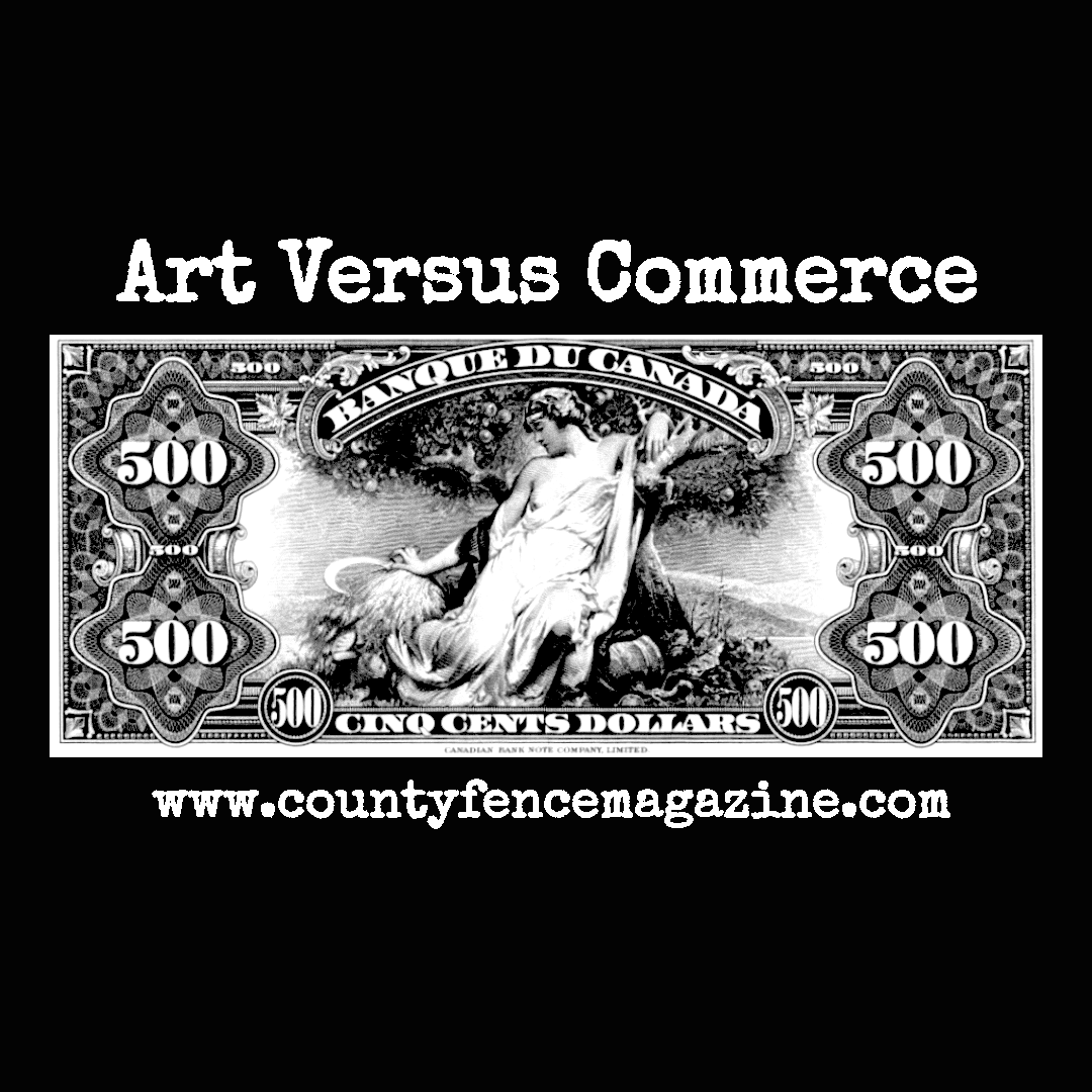 Title card for Walter Liu's piece 'Art Versus Commerce.' Image is a white on black French-language Canadian five-hundred-dollar bill featuring semi-nude baroque portrait of a fertility goddess luxuriating in an orchard with a sickle and sheave of wheat.