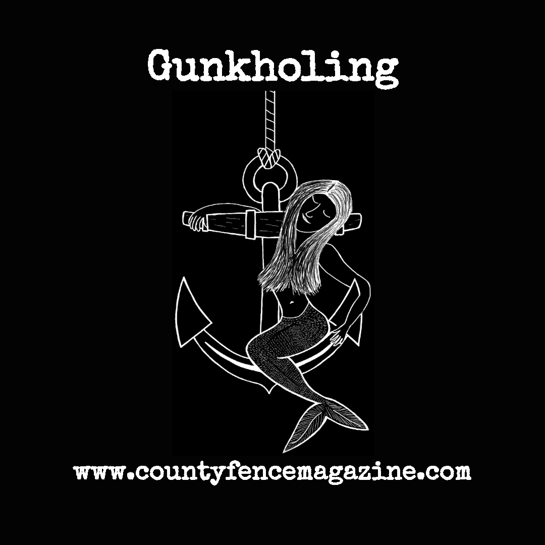 Title card for article: Gunkholing, by Jules Octavian. White on black line drawing of a mermaid being pulled up on an anchor.