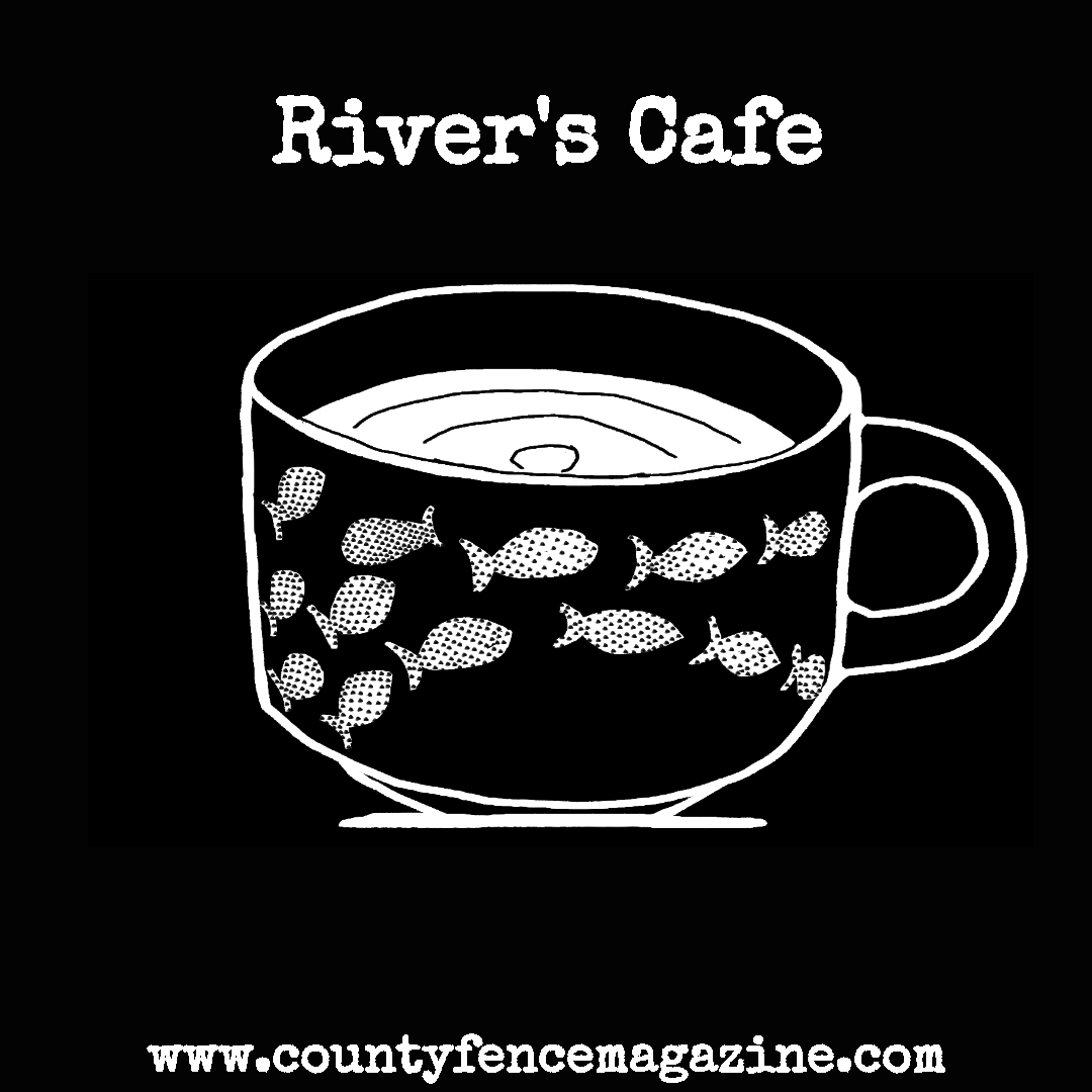 Title card for article, ‘River’s Place,’ featuring a black on white line drawing of a cup of coffee with little fish printed on it.